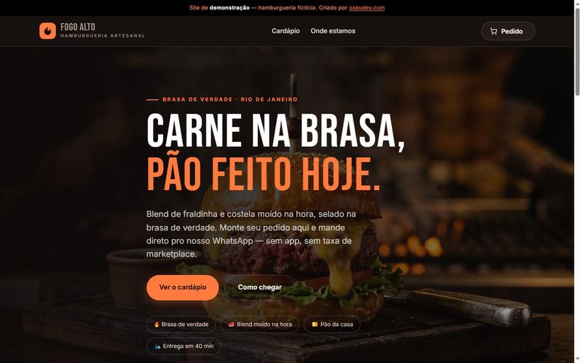 Demonstração de site para hamburgueria